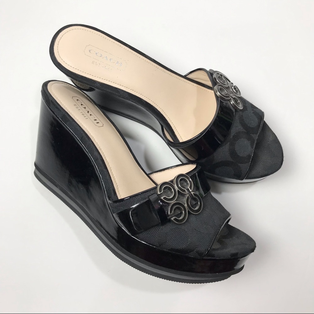 COACH Geri Women's 6.5  Slip On Wedge Sandals Shoes Coach signature Print Black